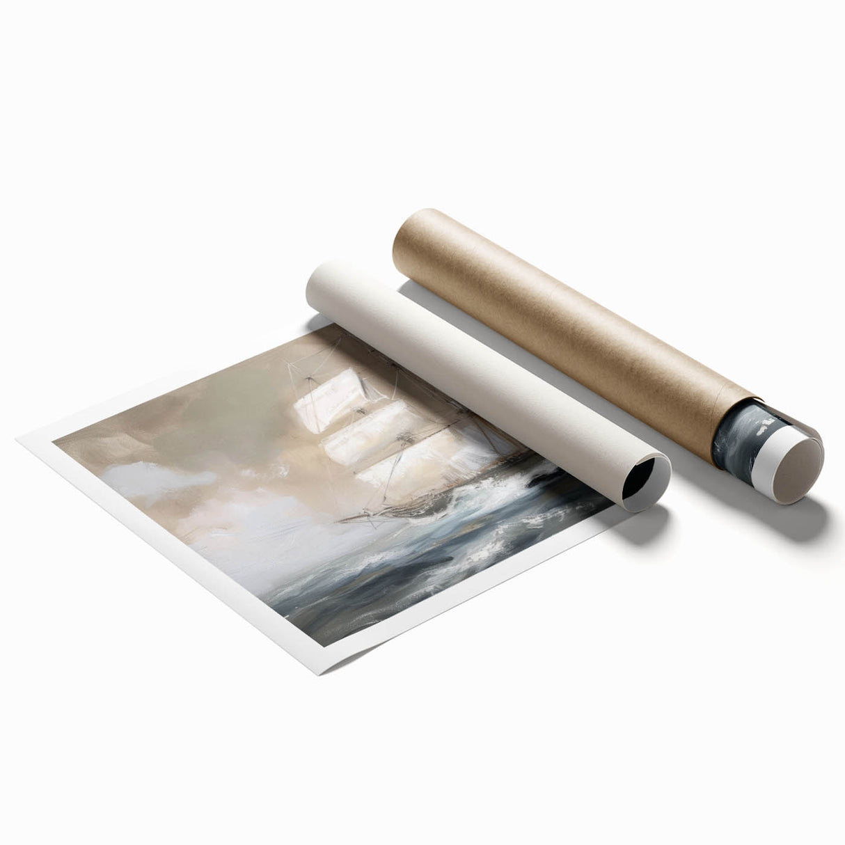 Rolled landscape print showcasing vibrant abstract colors and intricate details, elegantly packaged in a secure cardboard tube for safe delivery and display.