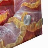 Large abstract floral art in vibrant colors on acrylic glass, suited for dining room ambiance and mid-century modern style.