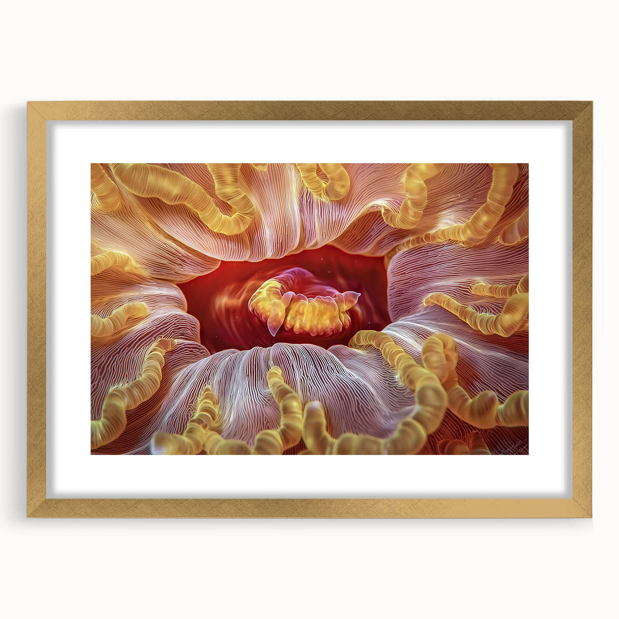 Extra large abstract art print with textured florals in muted gold and cream tones, framed in gold.