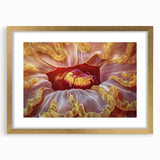 Extra large abstract art print with textured florals in muted gold and cream tones, framed in gold.