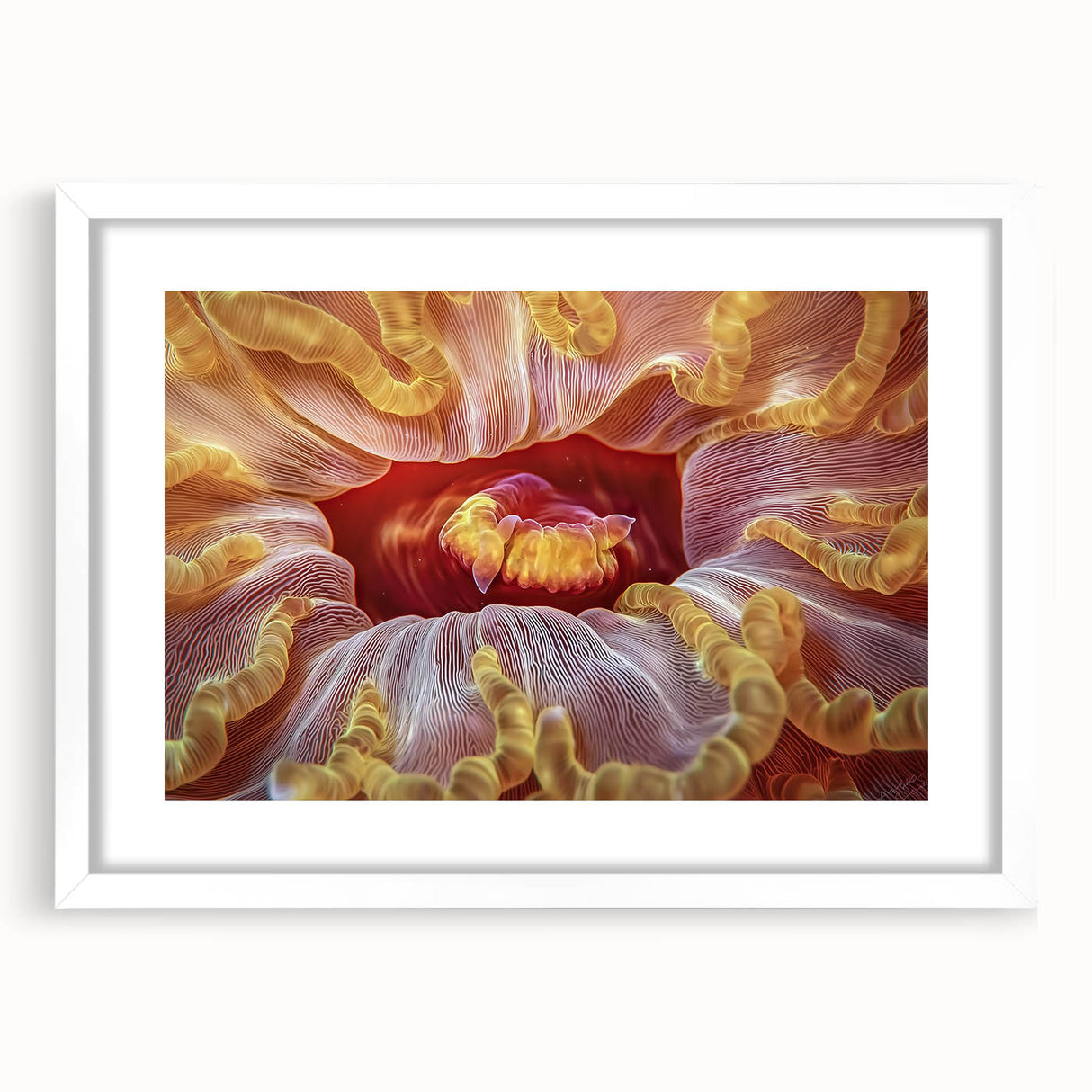Abstract art print of multicolored florals in a white frame, suitable for bedroom or dining room decor.