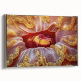 Landscape art painting of colorful florals, in a vintage poster style, framed in silver canvas.