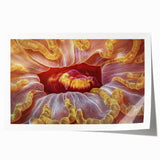 Close-up floral art on rolled print featuring vivid pink and green tones, suitable for dining room or bathroom wall decor.