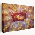 Close-up floral photography on stretched canvas, featuring vibrant red and pink tones, suitable for kitchen wall art.