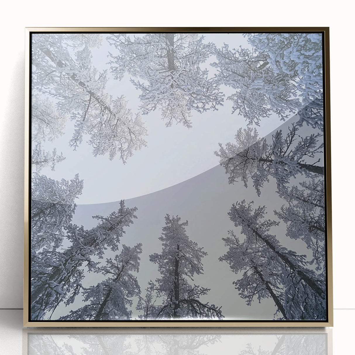 Close-up of icicles and frost on a branch, printed on a gold-framed acrylic, in mid-century modernist style.