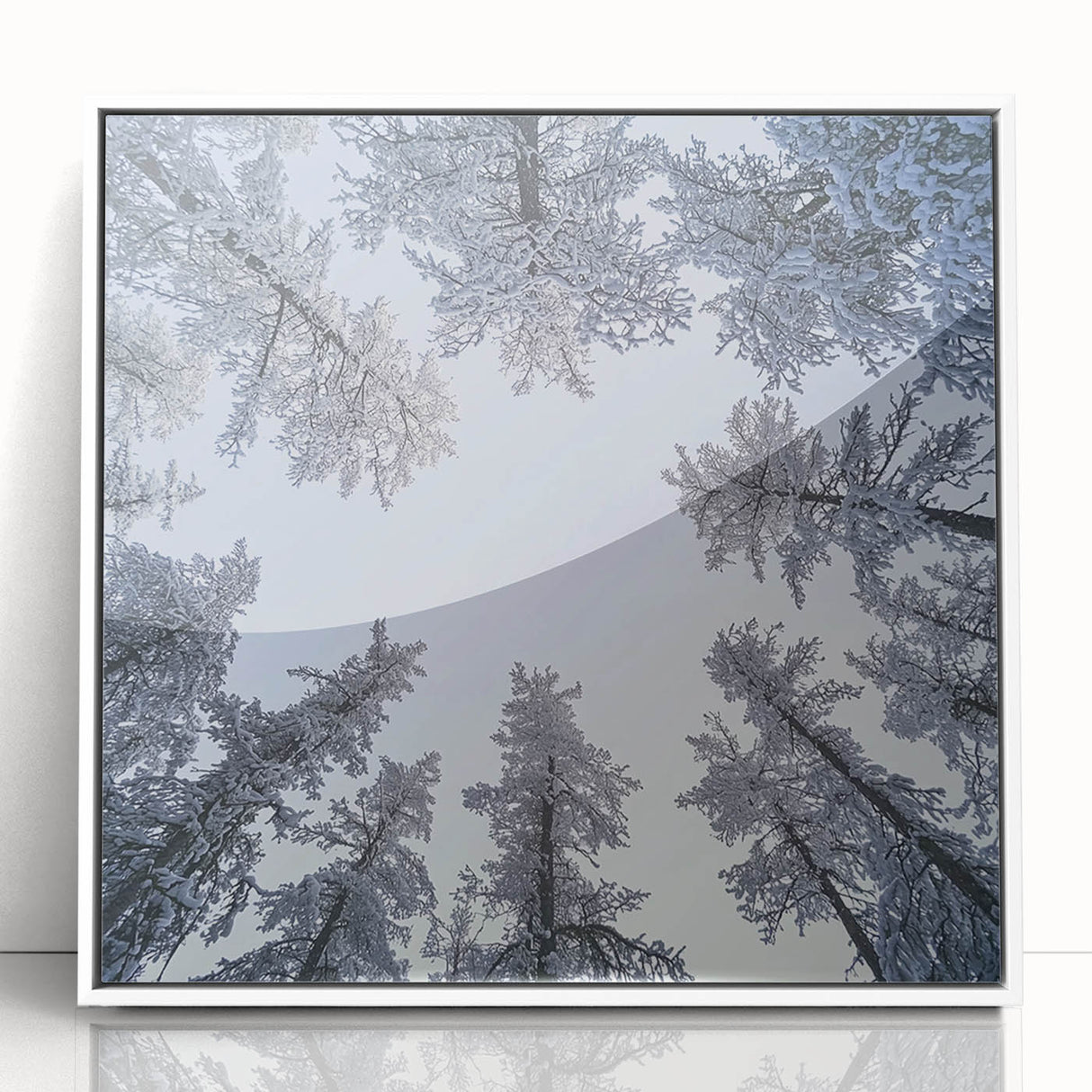 Art deco poster featuring close-up of icicles and frost in muted blue and white tones, acrylic framed.