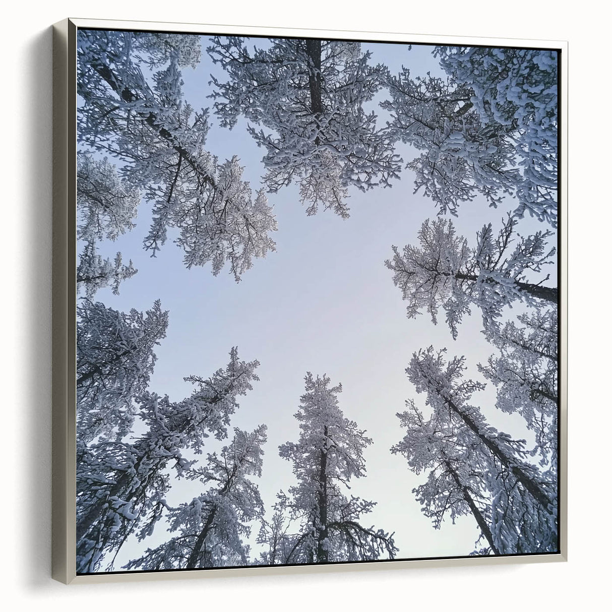 Landscape art painting on framed canvas featuring close-ups of icicles and frost in muted gray and silver tones.