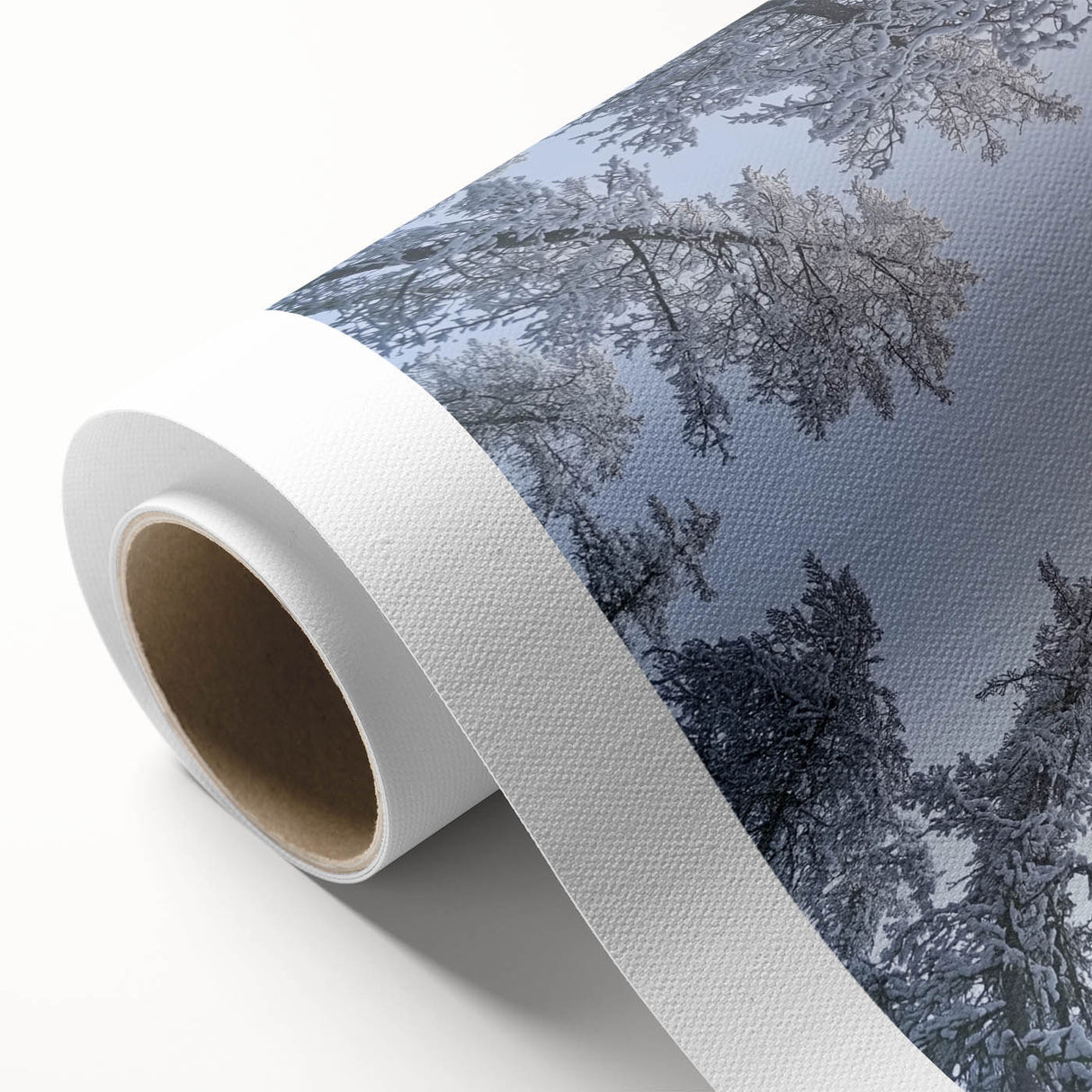 Art deco poster featuring close-ups of icicles and frost in muted blue and white tones on rolled canvas.