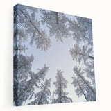 Close-up image of icicles and frost on a stretched canvas, featuring muted blue and white tones, ideal for kitchen wall art.