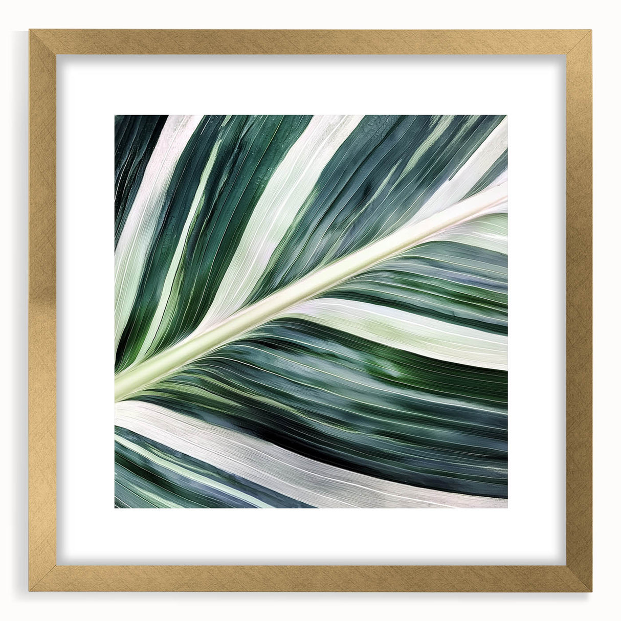 Extra large wall art featuring a close-up of textured leaves in abstract style, framed in gold, ideal for living room decor.