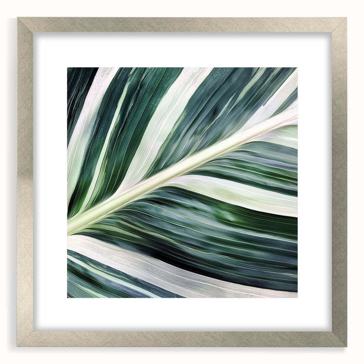 Textured abstract art print featuring close-up green leaves on a silver framed matte, ideal for bedroom wall decor.
