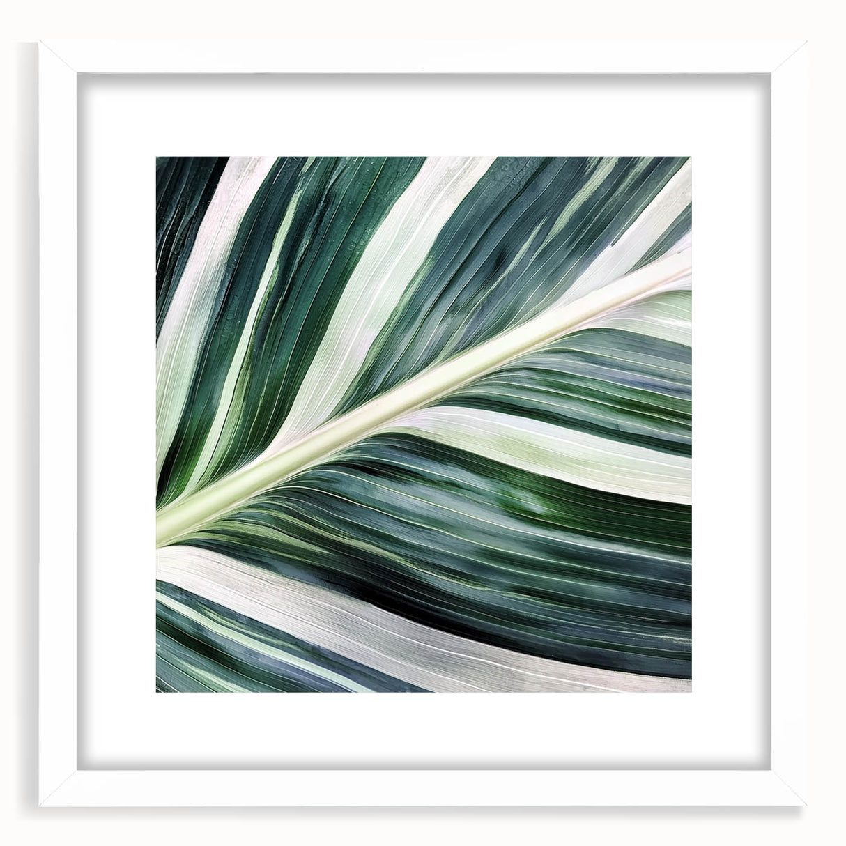 Abstract art print of close-up green leaves, framed in white, ideal for bedroom or dining room decor.