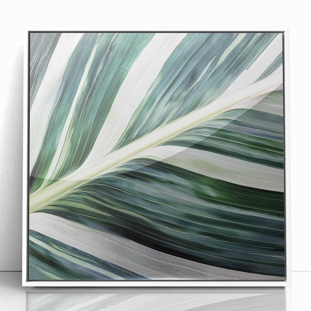 Close-up of green leaves in a white acrylic frame, featuring art deco style, ideal for nursery wall decor.