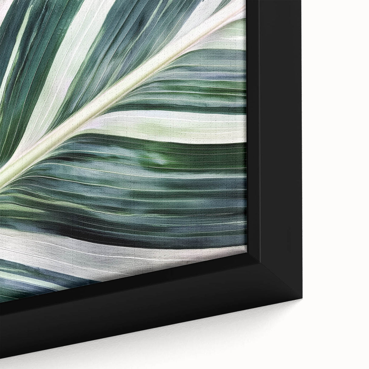 Extra large framed canvas featuring close-up of leaves in black with vibrant, textured color details.