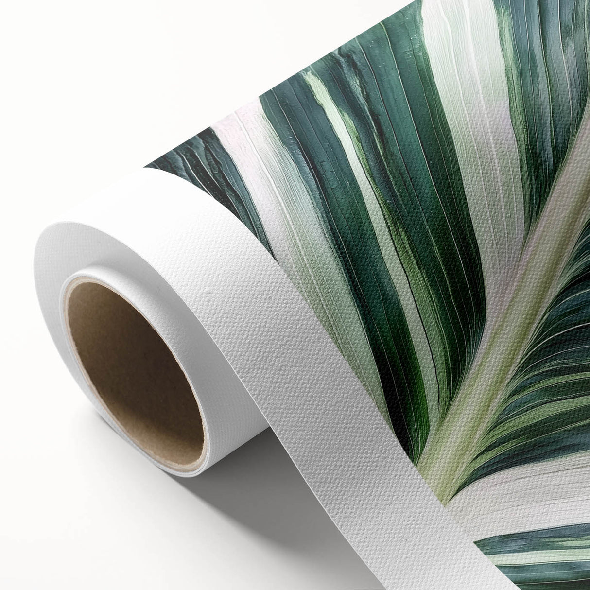 Art deco poster of close-up leaves in green and yellow tones on rolled canvas, suitable for nursery wall art.