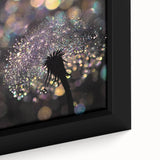 Extra large framed canvas featuring a close-up of water droplets on a leaf, textured art in black with vibrant color accents.