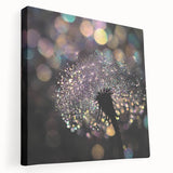 Close-up of a water droplet on a leaf, depicted in vibrant greens and blues on a large stretched canvas.