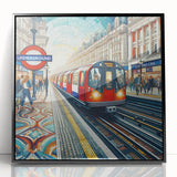 Large abstract wall art depicting the London skyline in muted gray and blue tones on a framed acrylic.