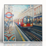 Mid-century modernist art depicting London skyline in muted grays and blues on a framed acrylic, ideal for nursery wall art.