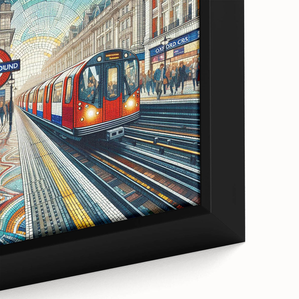 Extra large framed canvas depicting a black textured skyline of London with colorful art accents.