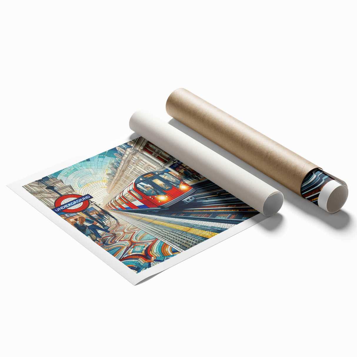 Large rolled print of London scenery featuring muted earth tones and floral elements, suitable for classy bathroom wall art.