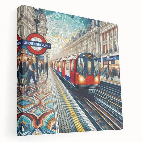 Side view of a stretched canvas featuring a muted color depiction of the London skyline, suitable for kitchen wall art.