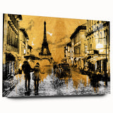 Side view of a large acrylic glass print depicting Paris scenery, with soft gray and blue tones.