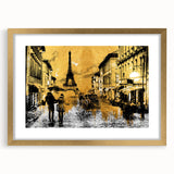 Abstract art print of Paris skyline in muted gray and gold tones, framed with a gold mat, suitable for dining room decor.