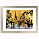 Extra large abstract art print of a textured Parisian scene in muted gray and blue tones, framed in silver.