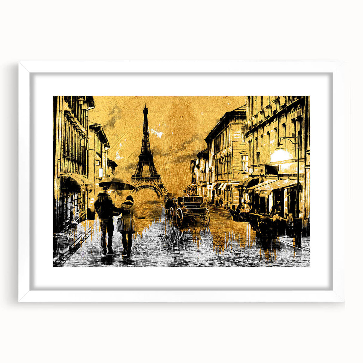 Textured art print of abstract Paris scenery in muted gray and blue tones, framed with a white mat.