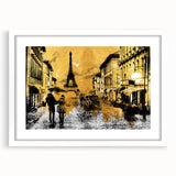 Textured art print of abstract Paris scenery in muted gray and blue tones, framed with a white mat.
