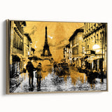 Framed canvas depicting a vintage-style Parisian landscape in black and gold tones, suitable for bedroom decor.
