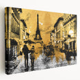 Large art depicting the Paris skyline in muted gray tones on stretched canvas, suitable for kitchen wall decor.