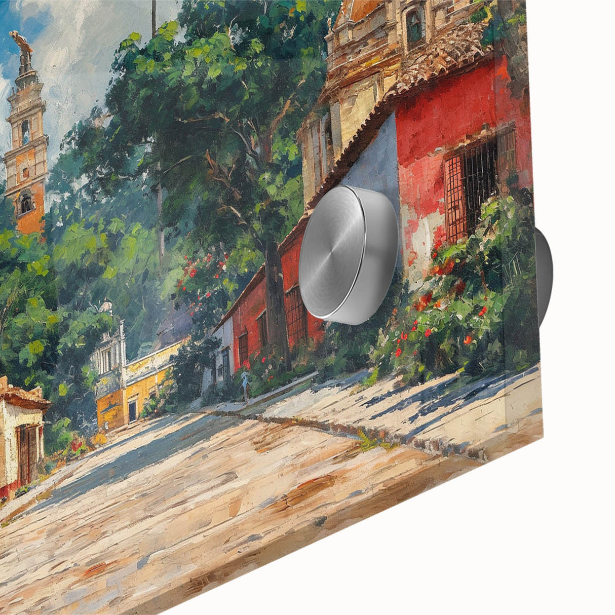Large abstract wall art depicting Yucatan scenery in vibrant blues and greens on acrylic glass.