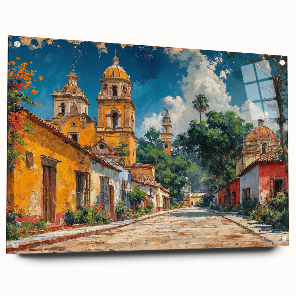 Acrylic print of a Yucatan scenery with vivid blue and green tones, suitable for dining room decor.