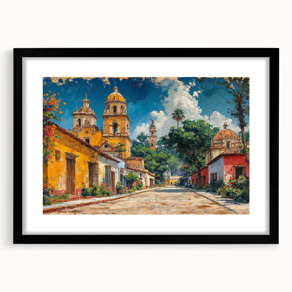 Extra large abstract art print of Yucatan scenery in vibrant colors on a textured canvas, framed in black.