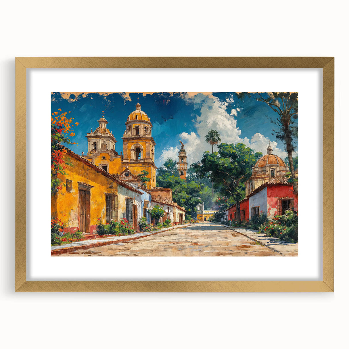 Extra large abstract art print depicting a textured Yucatan scenery in gold frame, ideal for living room decor.