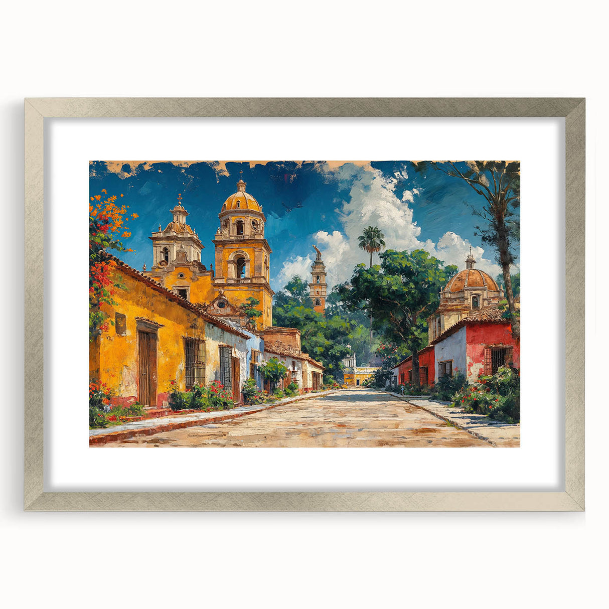Textured abstract art print depicting a Yucatan scenery in muted earth tones on a framed silver mat, ideal for bedroom art.