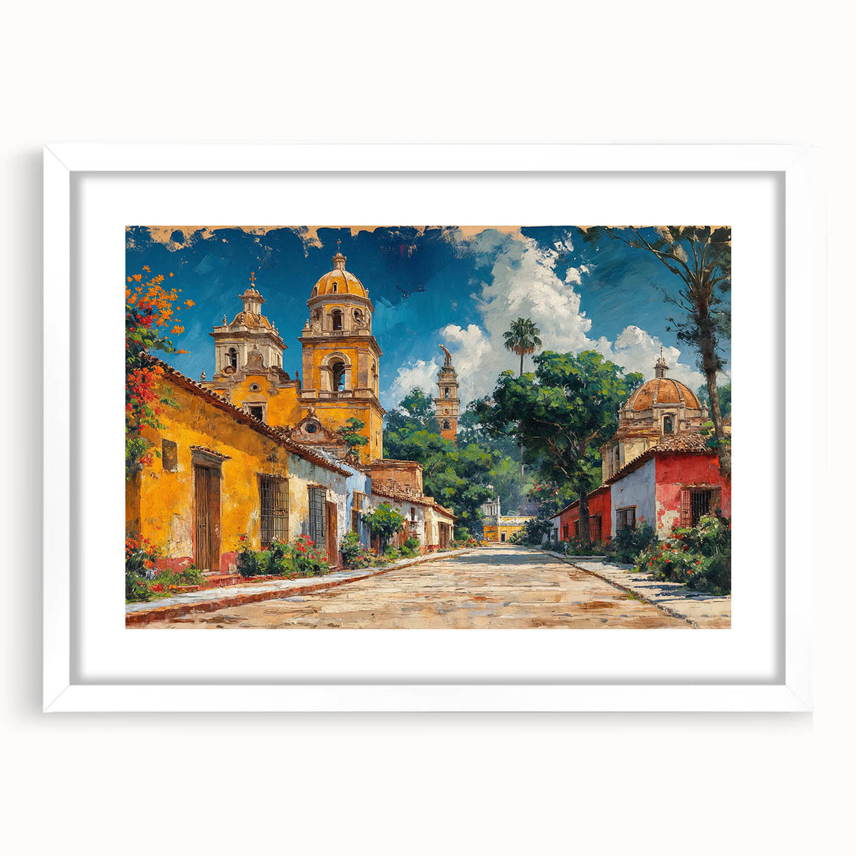 Abstract art print of Yucatan scenery in muted earth tones on a white-framed canvas, suitable for dining room decor.