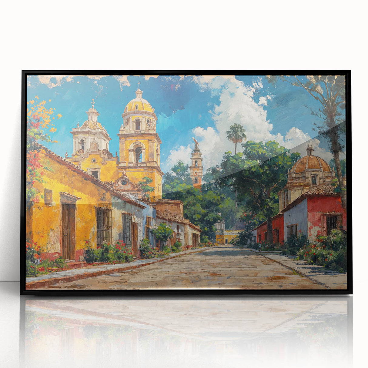 Large abstract wall art depicting Yucatan scenery in mid-century modernist style, framed in black acrylic.