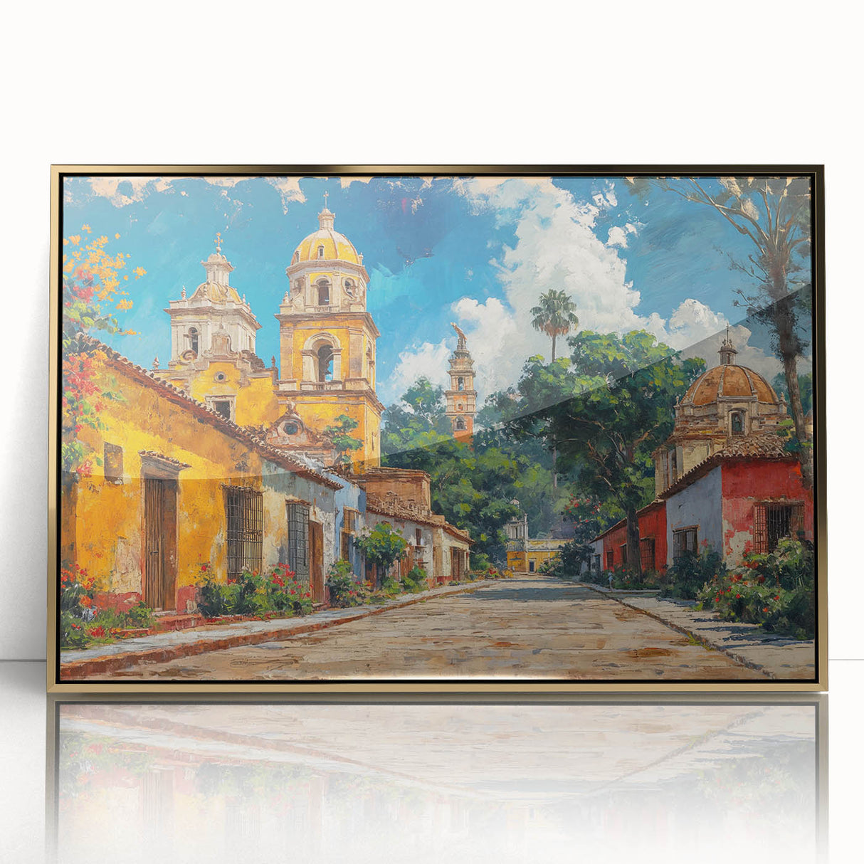 Mid-century modernist art of Yucatan scenery in gold frame, acrylic print, ideal for modern art wall decor.