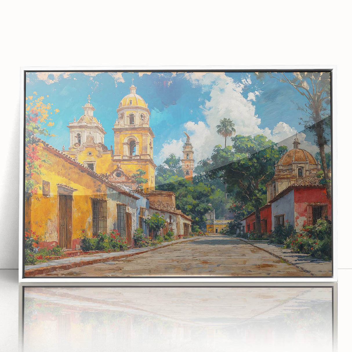 Art deco poster depicting Yucatan scenery in muted green and blue tones on a framed acrylic.