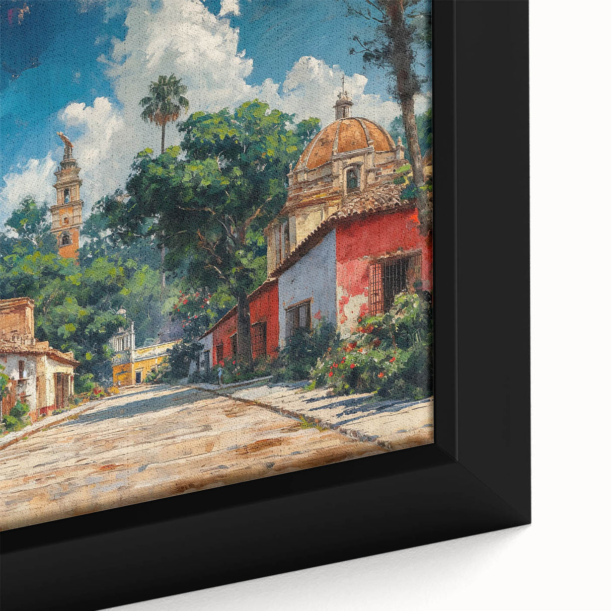 Extra large framed canvas featuring a textured black wall art scene of Yucatán, Mexico with vibrant, colorful accents.