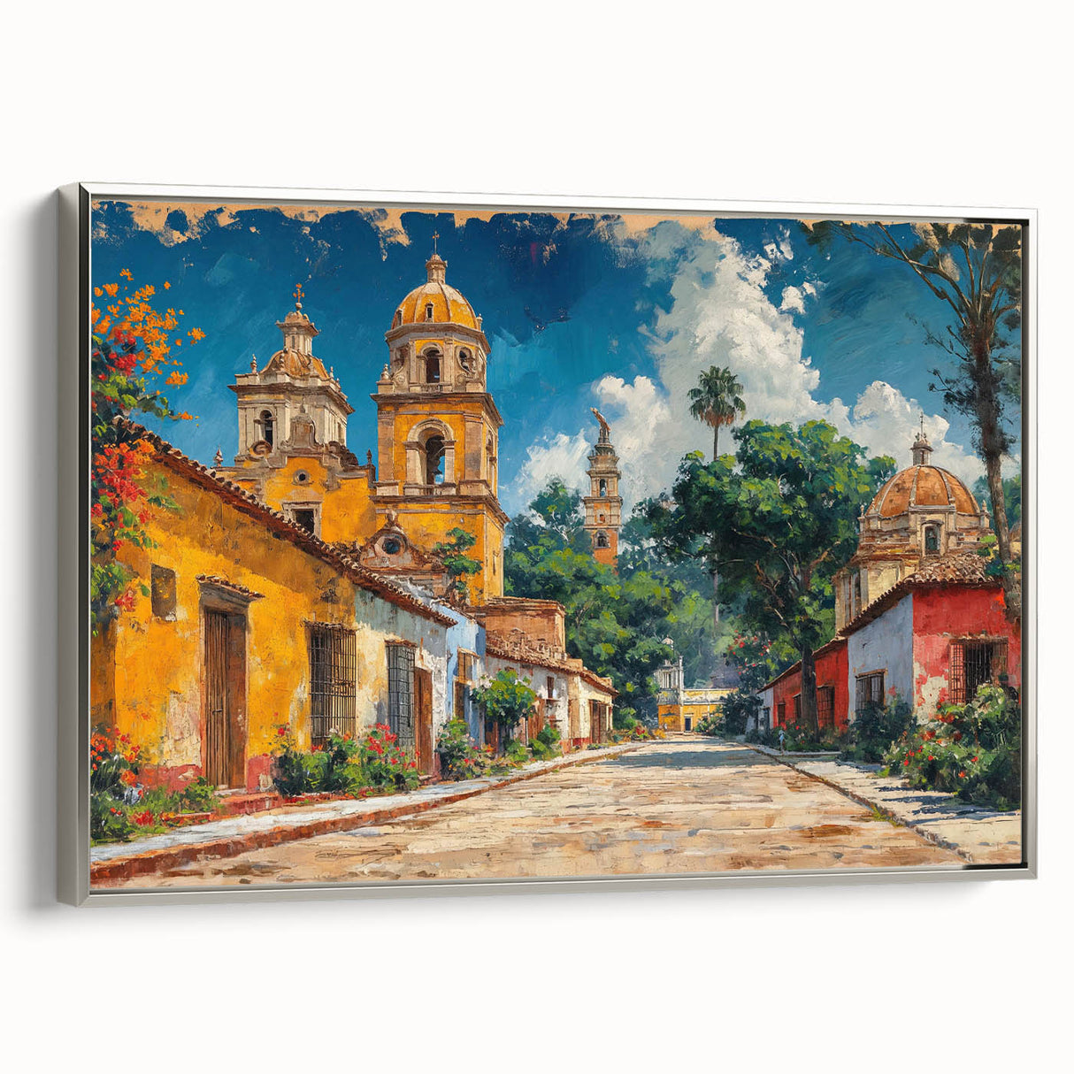 Vintage poster art of Yucatan scenery on a framed canvas, featuring a colorful palette, ideal for living room decor.