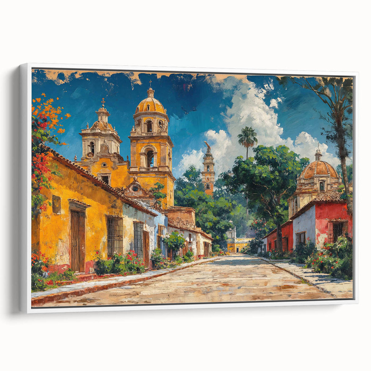 Framed canvas depicting a vintage-style Yucatan landscape with colorful art and black accents.