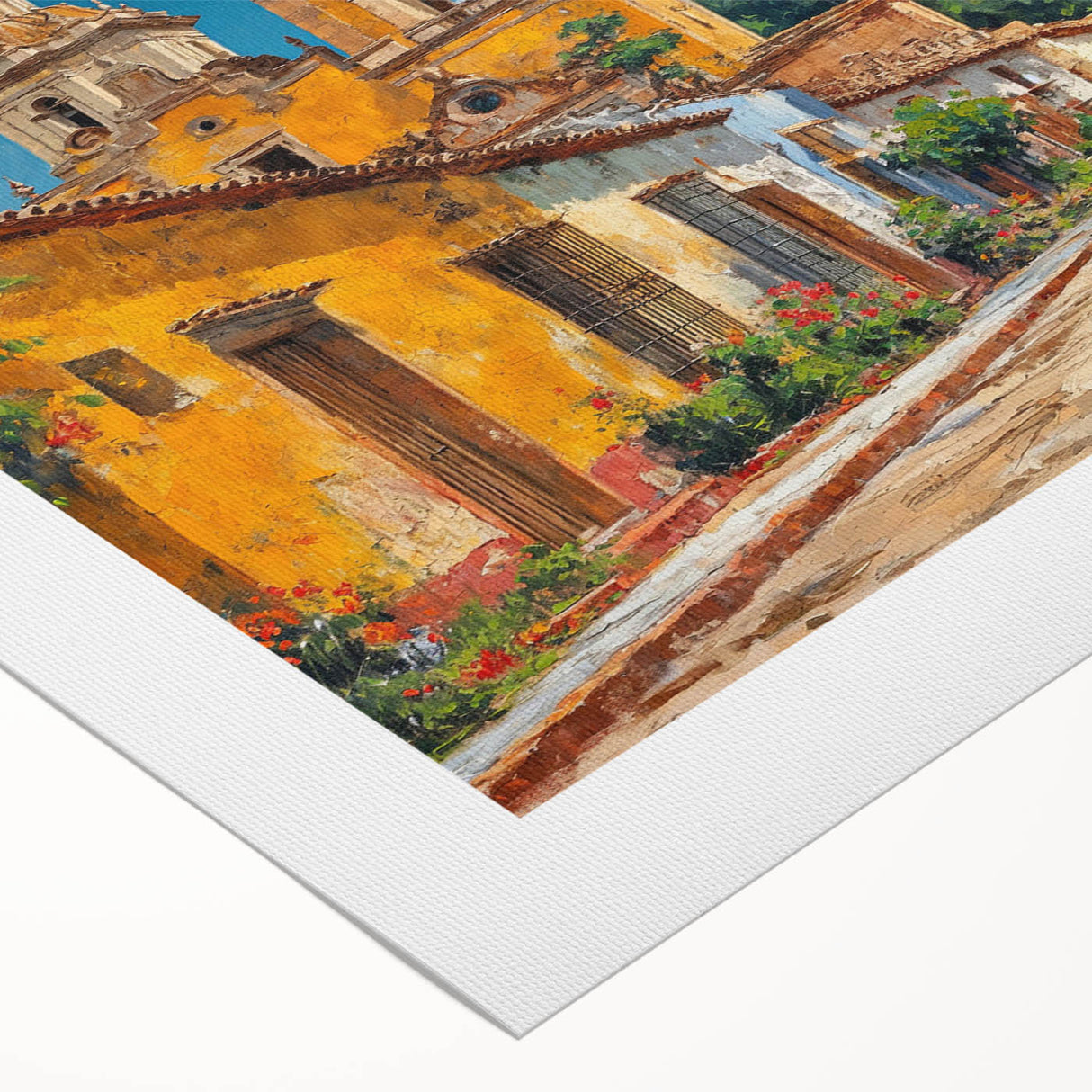 Art deco poster of Yucatan scenery in vibrant green and blue tones, rolled canvas, ideal for dining room wall art.
