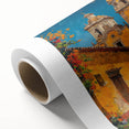 Art deco poster of Yucatan scenery on rolled canvas, featuring muted earth tones, ideal for nursery wall art.