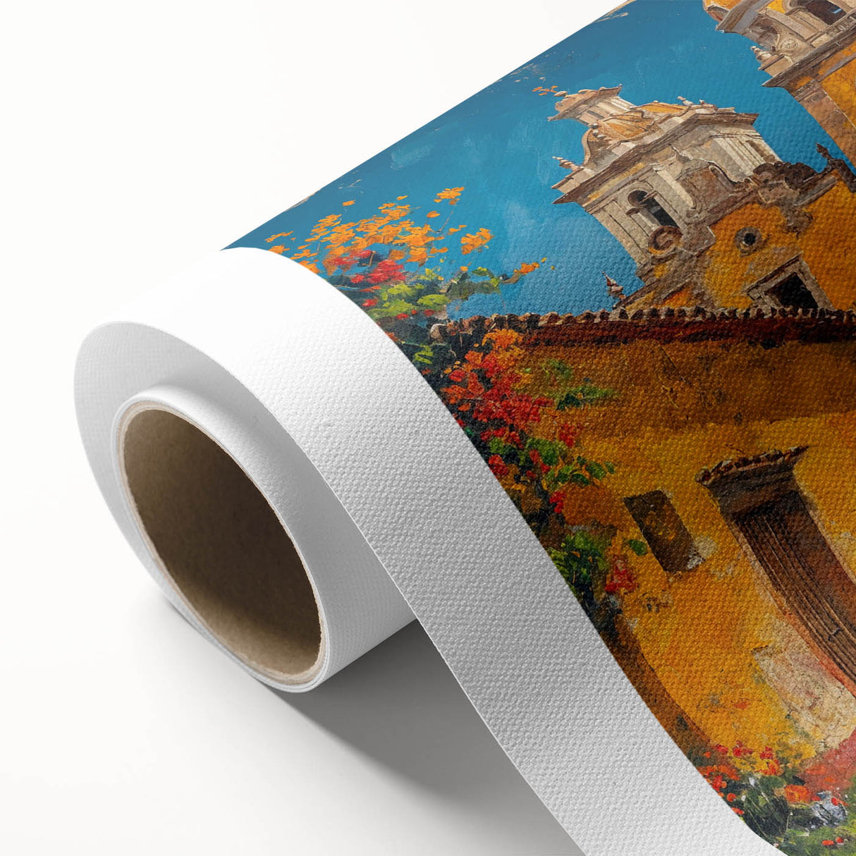 Art deco poster of Yucatan scenery on rolled canvas, featuring muted earth tones, ideal for nursery wall art.