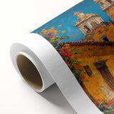 Art deco poster of Yucatan scenery on rolled canvas, featuring muted earth tones, ideal for nursery wall art.