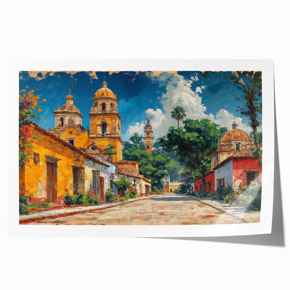 Extra large rolled print featuring a Yucatan scenery with vibrant green and floral elements, ideal for art wall dining room.